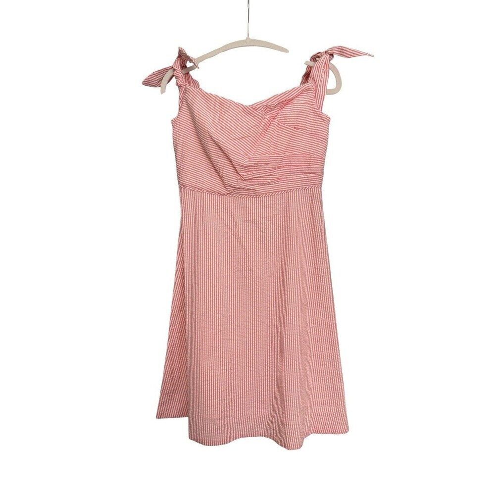 J.Crew Pink White Seersucker Tie Strap Sundress Fit & Flare Cotton 6P Coastal